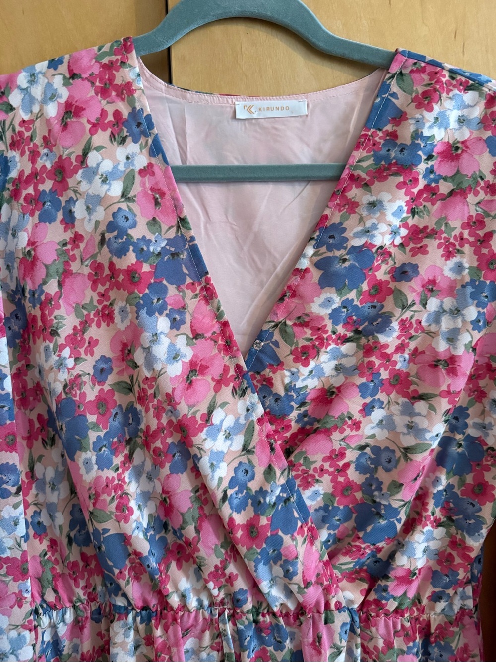 Floral Pink Asymmetrical Wrap Dress with Ruffle Hem - Picture 3 of 6